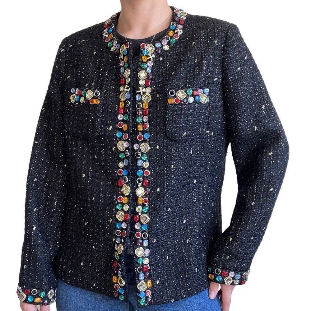 Vintage 80s Berek Black Tweed Rainbow Jeweled Beaded Blazer Jacket XL